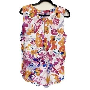 NYDJ Pink Floral Sleeveless 1/3 Front‎ Button Blouse in Medium